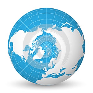 Earth globe with white world map and blue seas and oceans focused on Arctic Ocean and North Pole. With thin white