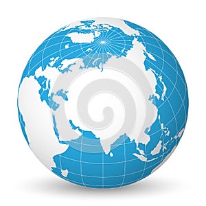 Earth globe with white world map and blue seas and oceans focused on Asia. With thin white meridians and parallels. 3D photo