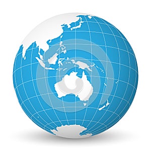 Earth globe with white world map and blue seas and oceans focused on Australia. With thin white meridians and parallels