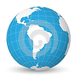 Earth globe with white world map and blue seas and oceans focused on South America. With thin white meridians and photo