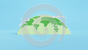 Earth Globe and Wind turbine.Green eco product display banner template background.Minimal scene for mockup design. 3D rendering