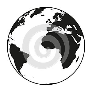 Earth globe - world map with continents on planet Earth, black and white vector illustration