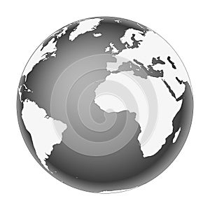 Earth globe - world map with continents on planet Earth, black and white vector illustration