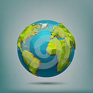 Earth globe. World map, 3d planet, global green polygon origami, green and blue paper travel, environment care