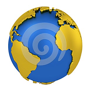 Earth globe with yellow continents isolated on white background. World Map. 3D rendering illustration