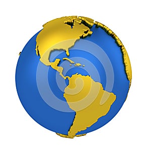 Earth globe with yellow continents isolated on white background. World Map. 3D rendering illustration