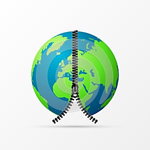 Earth globe with zipper. Connection concept. Vector