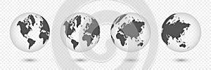 Earth globes. Set of realistic globe shaped world map.3d globe icon. Vector