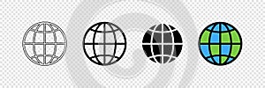 Earth globes in web design. Earth globe in modern simple flat design, isolated on transparent background. World maps in a row, web