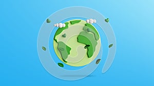 Earth, Green Leaves and Hearts.Green eco product display banner template background.Minimal scene for mockup design. 3D rendering