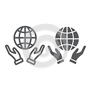 Earth in hands line and glyph icon, ecology and globe, planet in arms sign, vector graphics, a linear pattern on a white