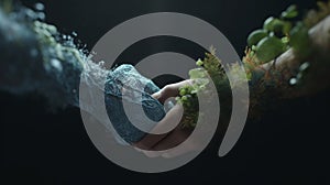 Earth handshake with planting and ecology concept on background. AI Generative