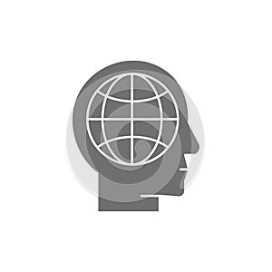 Earth with head, world in human head grey fill icon. Global technology, internet, social network symbol design.