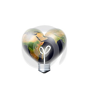 Earth heart bulb over white background