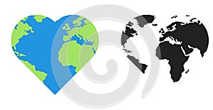 Earth in heart illustration. Globe world heart icon