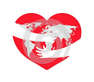 Earth in heart. Save planet. Hand with love and care hug of world. Embrace of earth. Day of globe. Icon for environment and