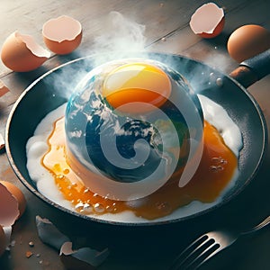 Earth heating up on cooking pan , climate change concept