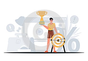 The Earth holds the achiever 's cup in his cultivate pull . winner concept. Trendy style, Vector Illustration
