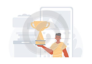 The Earth holds the achiever 's cup in his domesticate hug . achiever concept. Trendy style, Vector Illustration photo