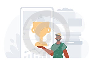 The Earth holds the achiever 's cup in his domesticate squeeze . achiever concept. Trendy style, Vector Illustration