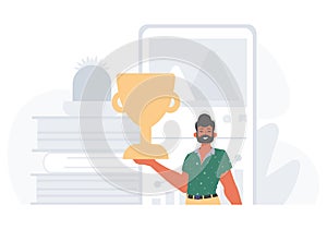 The Earth holds the achiever 's cup in his domesticate wrench . achiever concept. Trendy style, Vector Illustration photo