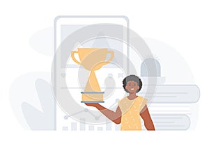 The Earth holds the achiever 's cup in his domesticate wring . achiever concept. Trendy style, Vector Illustration