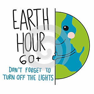 Earth Hour 60+ cute world hiding behind the wall cartoon