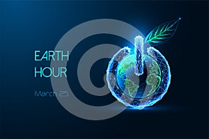 Earth Hour abstract futuristic concept banner with power button, planet Earth globe and green leaf