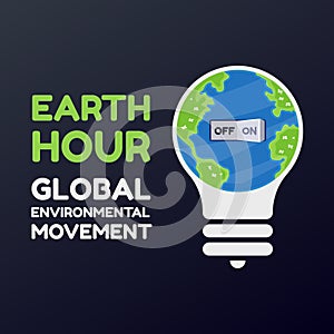 Earth hour with bulb and switch turn off on vector cartoon illustration