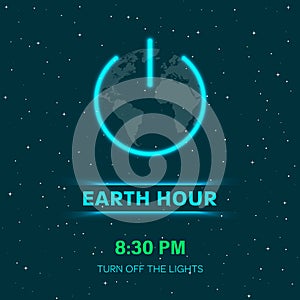 Earth hour concept with neon lights. Flat Earth planet in Space. Earth globe with on/off light switch icon or power button. photo