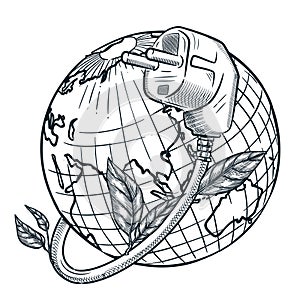 Earth hour concept. Vector hand drawn sketch illustration. Environmental ecology, green renewable energy concept