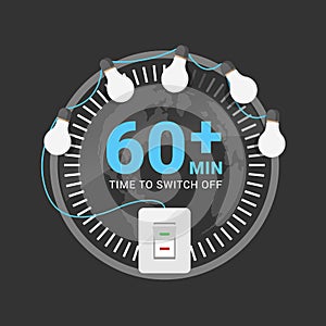 Earth Hour Day banner with switch Turn off the lights on circle 60 min clock vector design