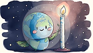 Earth Hour Day Celebration: Cute Planet Earth Illustration, Made with Generative AI