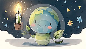 Earth Hour Day Celebration: Cute Planet Earth Illustration, Made with Generative AI