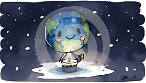 Earth Hour Day Celebration: Cute Planet Earth Illustration, Made with Generative AI