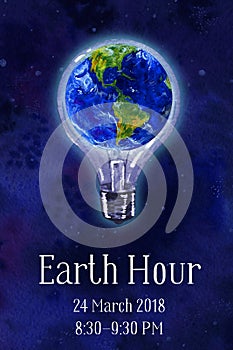 Earth hour hand drawn watercolor illustration - globe in bulb in outer space