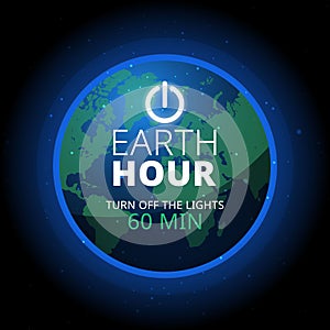 Earth hour illustration with planet and turn off button. Turn off the lights.