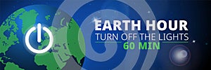 Earth hour illustration with planet and turn off button. Turn off the lights. Web banner.