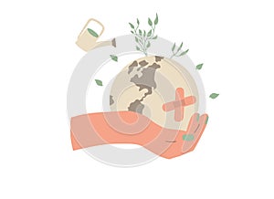 Earth hurt in human hand. Sick planet protect. Climate change and ecological problems. World environment day. Vector illustration