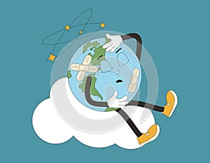 Earth hurt retro mascot. Sick planet cartoon character for holiday banner. Climate change and ecological problems. Vector flat