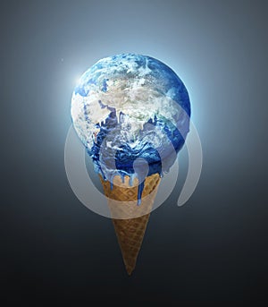 Earth ice cream, cone and globe with climate change, melting and international disaster. Sphere animation, dessert and