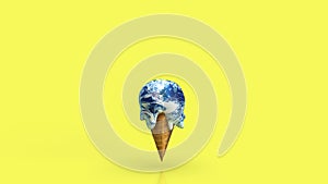 The earth ice cream melting for climate change or global warming concept 3d rendering