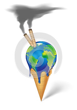 Earth ice cream with wafer rolls and smoke is melting  on white background vertical vector illustration