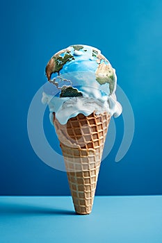 Earth ice cream in waffle cone. Ice cream world is melting, climate change and ecology, summer and travel concept, minimal idea