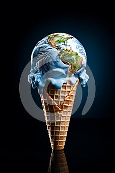 Earth ice cream in waffle cone. Ice cream world is melting, climate change and ecology, summer and travel concept, minimal idea