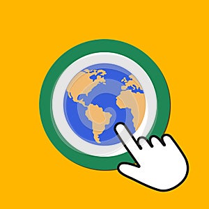 Earth icon. Global search, eco concept. Hand Mouse Cursor Clicks the Button
