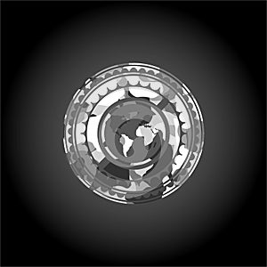 Earth icon inside grey camouflage emblem