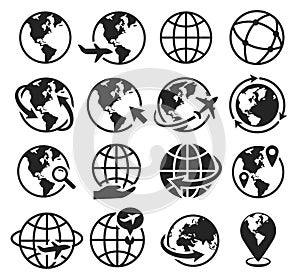 Earth icons. International communication, internet, go to web, worldwide traveling by plane. Globe world geography