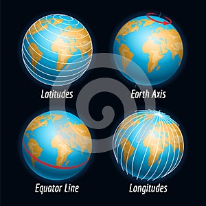 Earth icons with latitudes longitudes lines