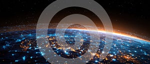 The Earth illuminated by network connections in a digital cosmos. AI generated image